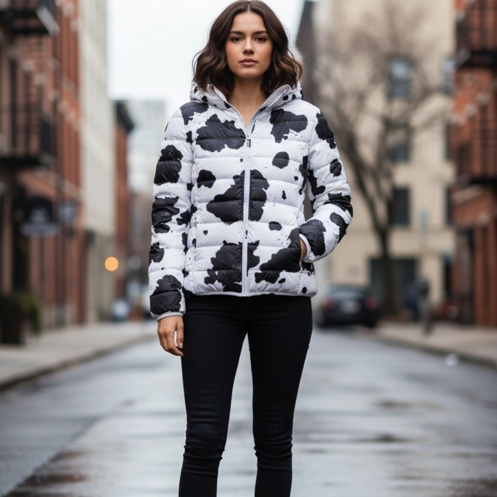 Southern Couture Cow Print Packable‎ Lightweight Puffy Jacket Extra Large NWT